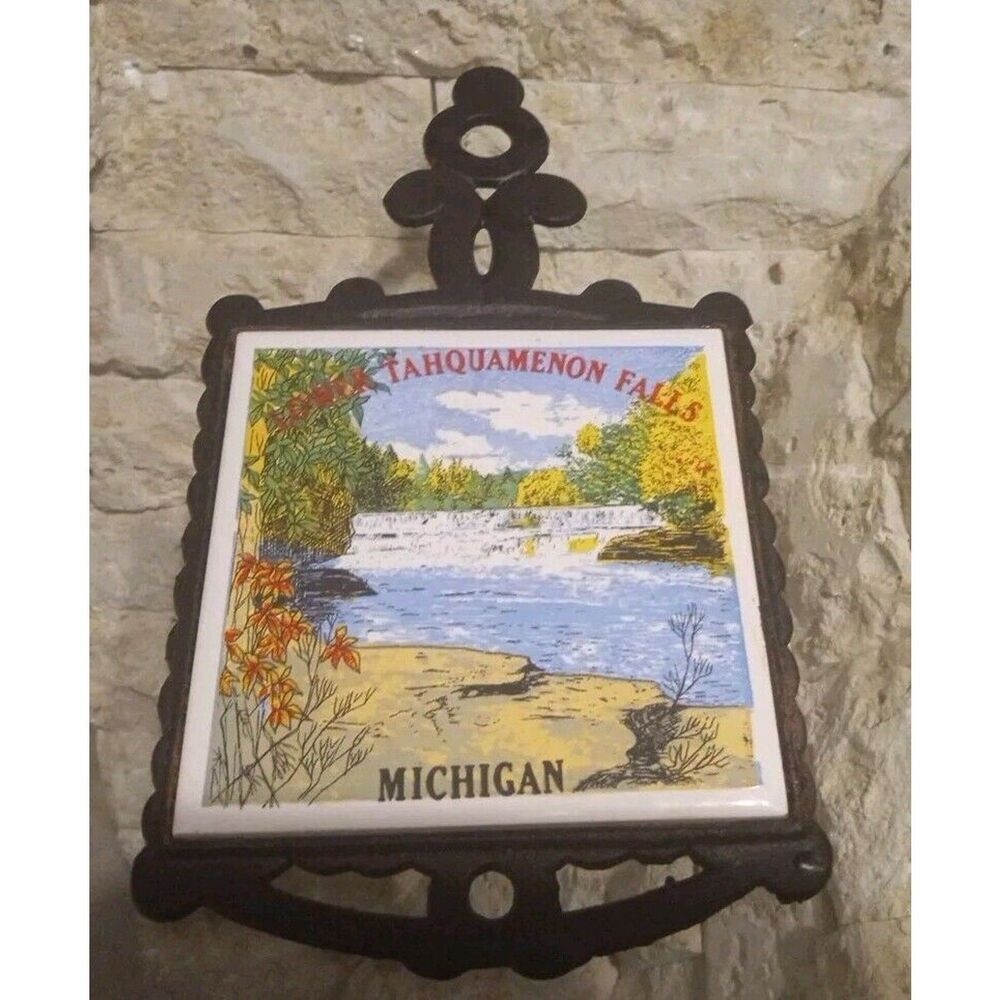 Vintage 1980's Cast Iron And Tile Trivet Taquamenon Falls" Souvenir (9” X 5”)